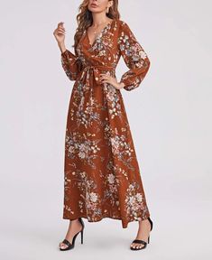 Vestido floral super lindo e elegante. Detalhes do produto no link. White Maxi Dress Casual Shein, Burnt Orange Floral Dress, Terracotta Floral Dress, Fall Maxi Dress Outfit, Womens Fall Dresses, Long Sleeve Dress Fall, Long Sleeve Fall Dress, Fall Maxi Dresses, Fall Maxi Dress