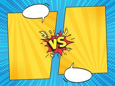 two comic speech bubbles with the word vs on them, pop art style illustration in blue and yellow colors