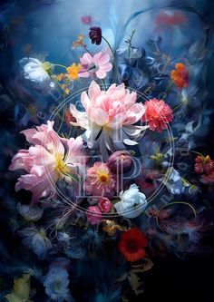 an artistic painting with flowers and butterflies in the center, on a dark blue background