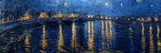an oil painting of a night scene with lights reflecting off the water