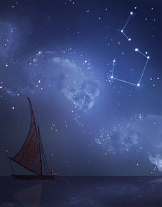 a sailboat floating on top of the ocean under a sky filled with stars
