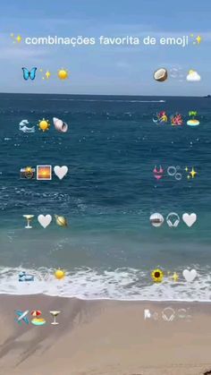 the beach is covered in lots of different icons