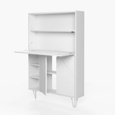 a white desk with two shelves on one side and an open shelf on the other