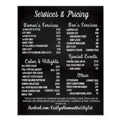 Simple, easily customizable pricing list for a hair salon! Salon Menu Price List, Hair Salon Price List, Nail Salon Prices, Salon Designs, Salon Business Plan, Dream Spa, Pink Salon, Pricing List, Menu Poster