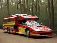 a red and yellow bus is parked in the woods