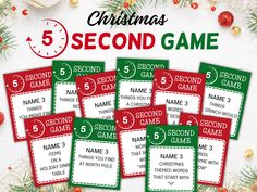 five christmas name tags with the words 5 second game in red, green and white