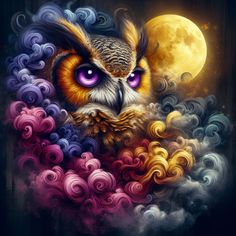 an owl with purple eyes sitting on top of clouds