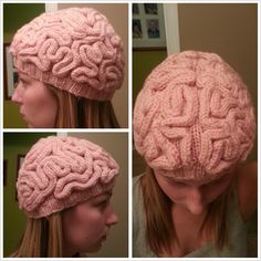 three pictures of a woman wearing a pink knitted hat with braids on it