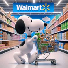 a cartoon dog pushing a shopping cart through a store aisle with the walmart logo in the background