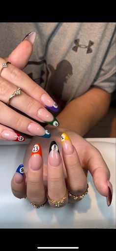 Soft Rock Aesthetic Wallpaper, Pool Balls Nails, Artist Inspired Nails, Colorful Short Almond Nails, Mixed Matched Nails, Nails For Boyfriend Initial, Summer Grunge Nails, Billard Nails, 8 Ball Nails Acrylic