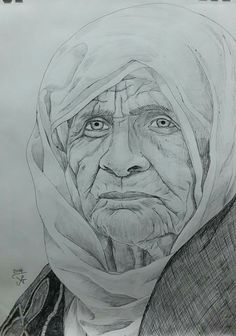 a pencil drawing of an old woman wearing a headscarf and looking at the camera