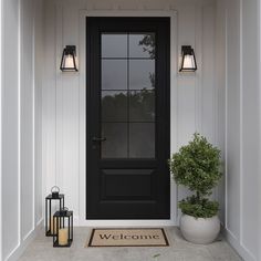 a black front door with two lanterns and a welcome mat