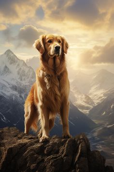 a wallpaper photography of a golden retriever dog standing on a high mountain peak, cloudy sky background. Cloud Sky Wallpaper, Top Wallpaper, Dangerous Dogs, Moving Wallpapers, Cute Animals Puppies, Sky Wallpaper, Mountain Wallpaper