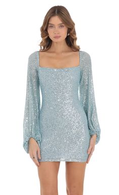 Shantelle Sequin Long Sleeve Dress in Blue | LUCY IN THE SKY Angeles, Blue Sparkly Dress Short, Windsor Dresses Homecoming, Light Blue Hoco Dress, Taylor Swift Eras Tour 1989, Tight Hoco Dress, Long Sleeve Hoco Dress, Teal Homecoming Dresses, Hoco Dress Short