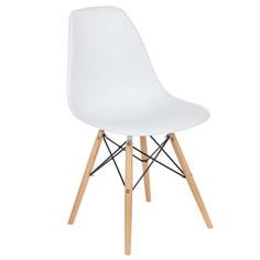 a white plastic chair with wooden legs