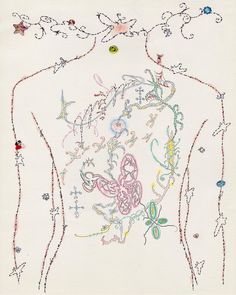 the back of a woman's torso with flowers and butterflies on it