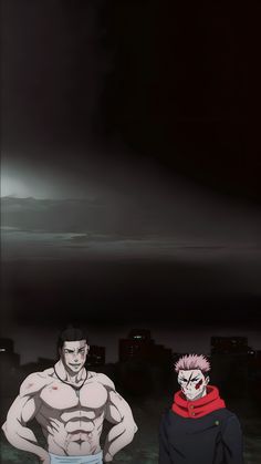 two anime characters standing next to each other in front of a dark sky with clouds