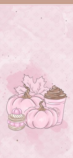 a pink background with pumpkins and a cupcake