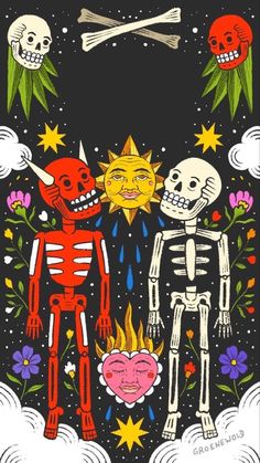 two skeletons standing next to each other in front of a black background with flowers and stars