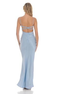 Satin Open Back Maxi Dress in Light Blue | LUCY IN THE SKY Angeles, Los Angeles, Light Blue Satin Midi Dress, Bridesmaid Dresses Pastel Blue, Baby Blue Wedding Guest Dress, Baby Blue Bridesmaid Dress, Baby Blue Long Dress, Light Blue Satin Dress, Baby Blue Bridesmaid Dresses