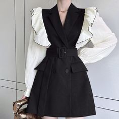 Chic Flouncing Double Button Belted Lapel Blazer Dress Black Blazer Dress, Black Collared Dress, Suit Collar, Lapel Blazer, High Waist Dress, Easy Trendy Outfits, Khaki Dress, Stylish Clothes For Women