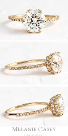 three different views of an engagement ring with diamonds on each side and the other side