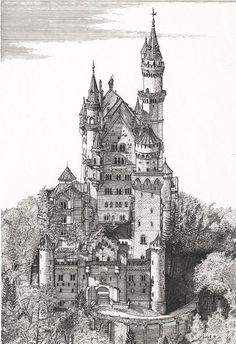 an old drawing of a castle in the woods