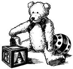 a drawing of a teddy bear sitting next to a box with a bowling ball on it