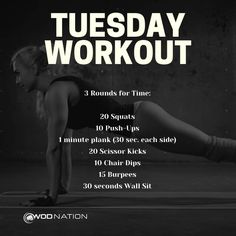 a woman is doing an exercise with the words tuesday workout