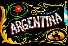 an image of the word argentina painted on a black background with flowers and swirls