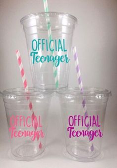 three plastic cups with different colored straws in them and the words sweet 16 on each cup