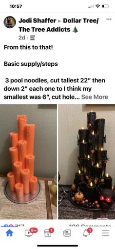 two pictures with candles on them and one has an image of a tree made out of orange candles