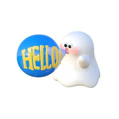 a blue and white balloon with the word hello written on it is being held by a plastic ghost