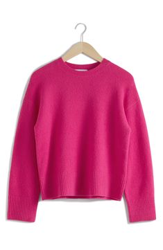 Feel the warmth of this vibrant woolly sweater knit with a classic crewneck and ribbed trim. 20 1/2" length (size Small) Crewneck Long sleeves Ribbed cuffs and hem 54% cotton, 38% polyamide, 6% wool, 2% elastane Dry clean Imported Dark Pink Sweater, Aw 2024, Bright Pink Sweater, Crewneck Outfit, Hot Pink Sweater, Pink Crewneck, Sweater Knit, Crewneck Sweater, Pink Sweater