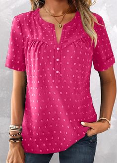 ROTITA Plus Size Button Hot Pink Split Neck Blouse Plus Size Tops For Women Casual, Casual Tshirt, Blouse Designs Catalogue, Shirts Plus Size, Striped Tankini, Stylish Tops For Women, Tops Trendy, Trendy Tops For Women, Button Blouse