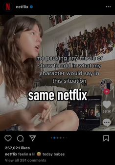 a woman sitting on top of a couch in front of a tv with the caption same netflix