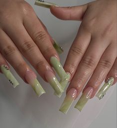 Safe Green Acrylic Nails, Nail Inspo No Charms, Sheer Green Nails, Sage Pedicure, Light Green Acrylics, Green Nail Designs Acrylic, Green Gel X Nails, Sage Green Acrylic Nails, Sage Green Nails Acrylic