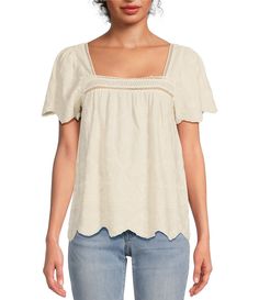 From Lucky Brand&#x2C; this top features:square neckline short flutter sleevesembroidery embellishment pull-on construction approx. 26" length cotton machine wash/tumble dry  Imported. Flutter Sleeve Top, Peasant Tops, Square Necklines, Dillard's, Square Neckline, White Tops, Flutter Sleeve, Square Neck, Womens Clothing Tops