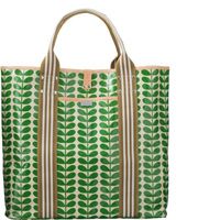 a green and white tote bag with leaves on the front, brown trimming