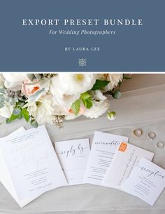 an image of wedding stationery with flowers on the side and text that reads, expert preset bundle for wedding photographers