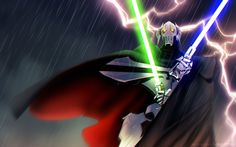 a star wars character in the rain holding a green light saber and lightning behind him