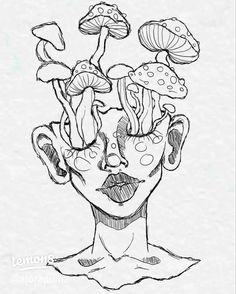 a drawing of a woman's face with mushrooms on her head