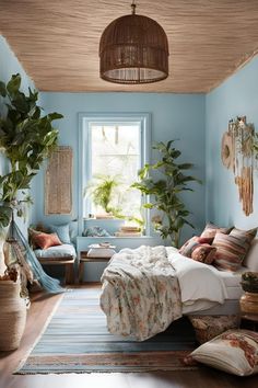 a bedroom with blue walls and lots of plants