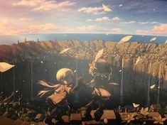 two anime characters standing in front of a scenic landscape with mountains and birds flying overhead