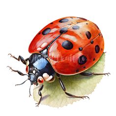 a ladybug sitting on top of a leaf covered in watercolor pencils