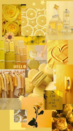 a collage of yellow and white images with flowers, clothes, perfume bottles, and other items