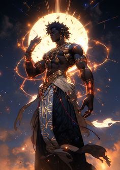 an image of a man standing in the sky with fire coming out of his chest