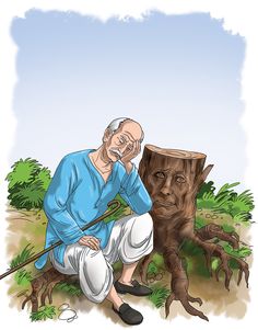 an old man sitting on the ground next to a tree stump