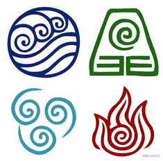 four different symbols that appear to be in the form of fire and water