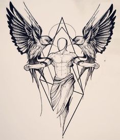 a drawing of two birds on top of a man's body with an inverted triangle in the background